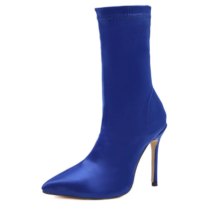 2021 Fall Woman Stretch Socks High-heeled Satin Boots Mid-tube Shoes Women Elegant Short Boots Women Shoes
