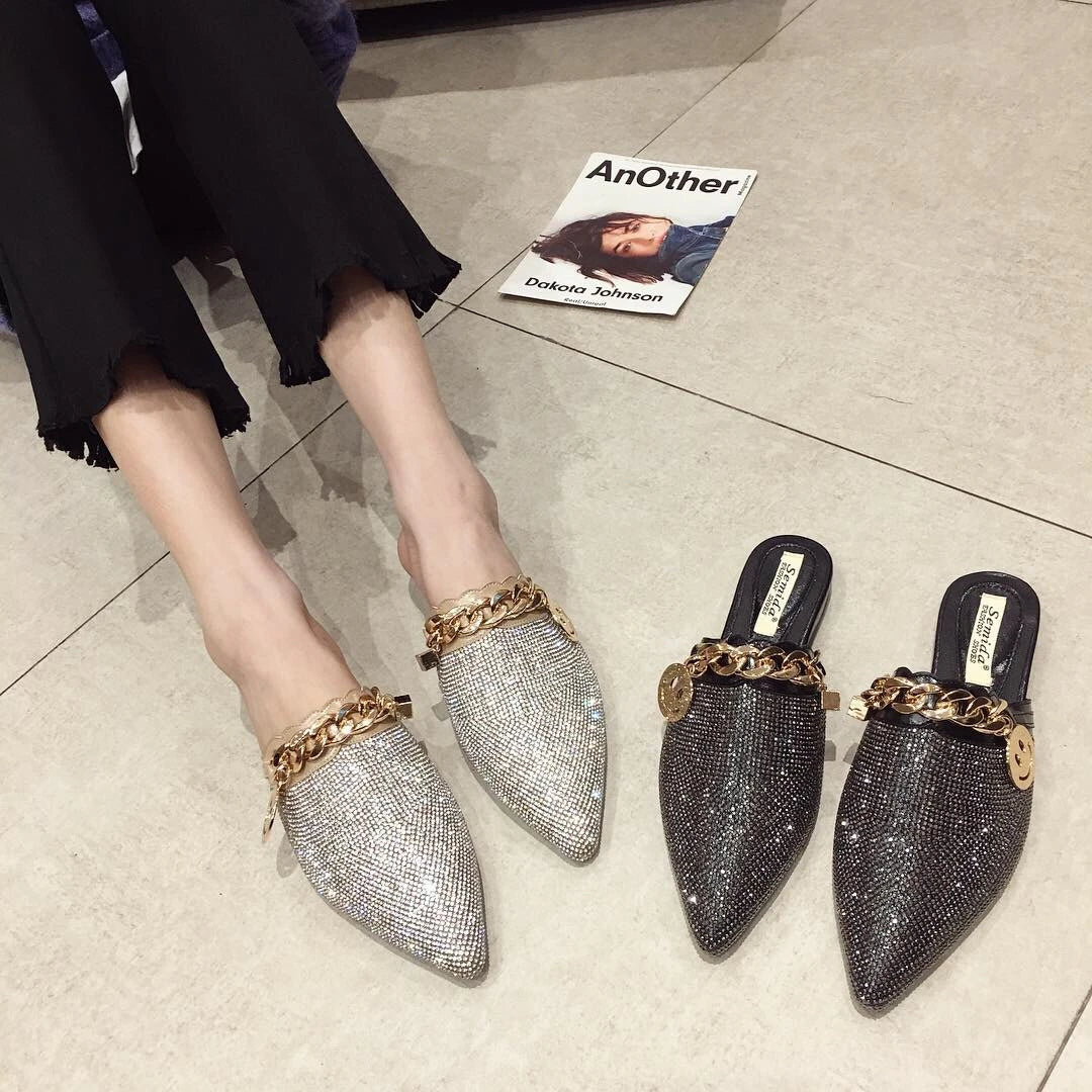Full Rhinestone Scarpe Mule Outdoor Slippers Closed Toe Female Women Loafer Spring  Flat Shoes with Diamonds