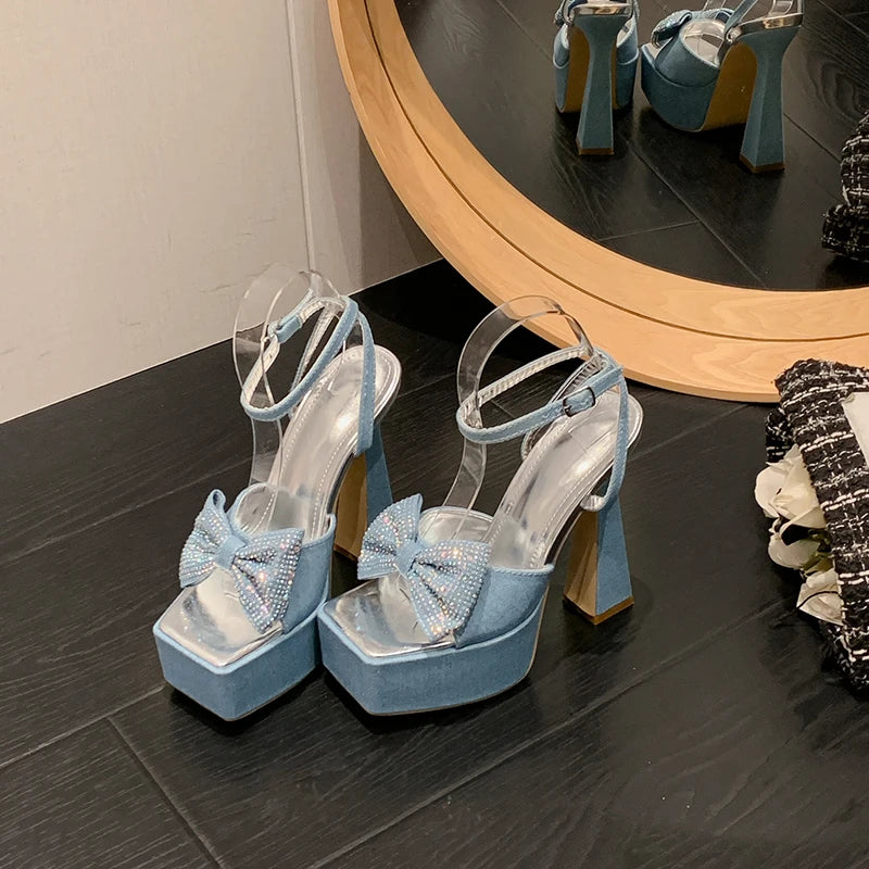 Hot Sale 2024 New Denim Thick High Heel Waterproof Platform Rhinestone Bow Stage Catwalk Shoes