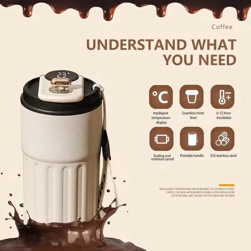 Portable Cups Temperature Display OEM ODM Logo Insulated Stainless Steel Thermos Vacuum Tumbler Coffee Smart Water Cup Mug