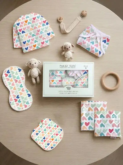 Mulmul Muslin Cotton Newborn Baby Gift Set Heart Print Soft Breathable Essentials for Infants Baby Shower and Daily Use