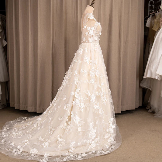 9261# Illusion Sheer Neck A-Line Wedding Dresses for Women Fashion 3D Lace Appliques Sleeveless Bridal Gowns