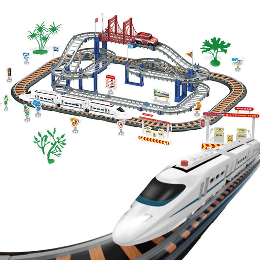 HW Train Car Sets for Toddlers Electric Toy Train Track Set with LED Bridge Electric Car and Train Sets Toys for Boys Girls Kids