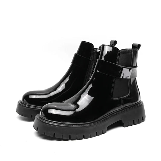 New Patent Leather Platform Men's Ankle Boots Plus Size Round Toe Men chelsea Boots Leather Boots Men