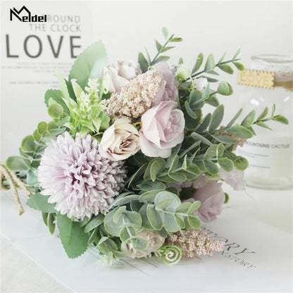 Meldel Wedding Flower Bouquet Artificial Silk Rose Lucky Ball Flower Home Wedding Decor Bride Bouquet Forest Style Eucalyptus