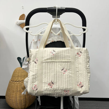Cartoon Embroidered Design Infant Nappy Diaper Organizer Mommy's Travel Handbag Comfortable Shoulder Stroller Bag for Baby's
