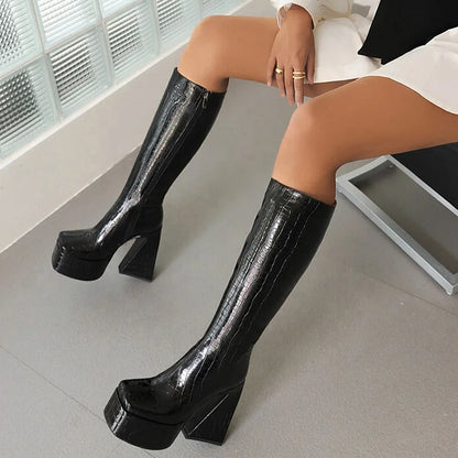 Stone Prints Women Platform Knee High Boots Mirror Patent Square Toe Long Booties Thick Block Heel Shoes Ladies Size 43