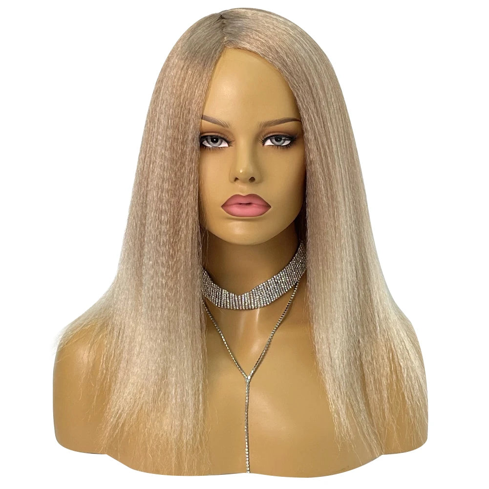Wholesale 14 Inch Yaki Straight Afro Light Brown Lace Hair Wig Glueless Synthetic Middle Part Women  Machine-Made Long Wigs