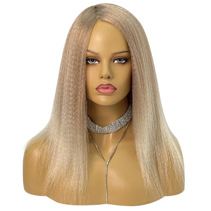 Wholesale 14 Inch Yaki Straight Afro Light Brown Lace Hair Wig Glueless Synthetic Middle Part Women  Machine-Made Long Wigs