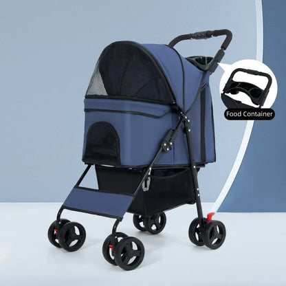 Pet Stroller, 4-Wheel Dog Pram for Small Medium Cats and Dogs with Storage Basket and Cup Holders for Outdoor Travel