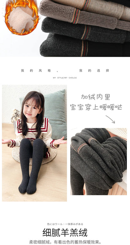 Girls winter plus velvet extra thick pantyhose child strips warm pants Polar Fleece Lining kids baby leggings cotton stockings