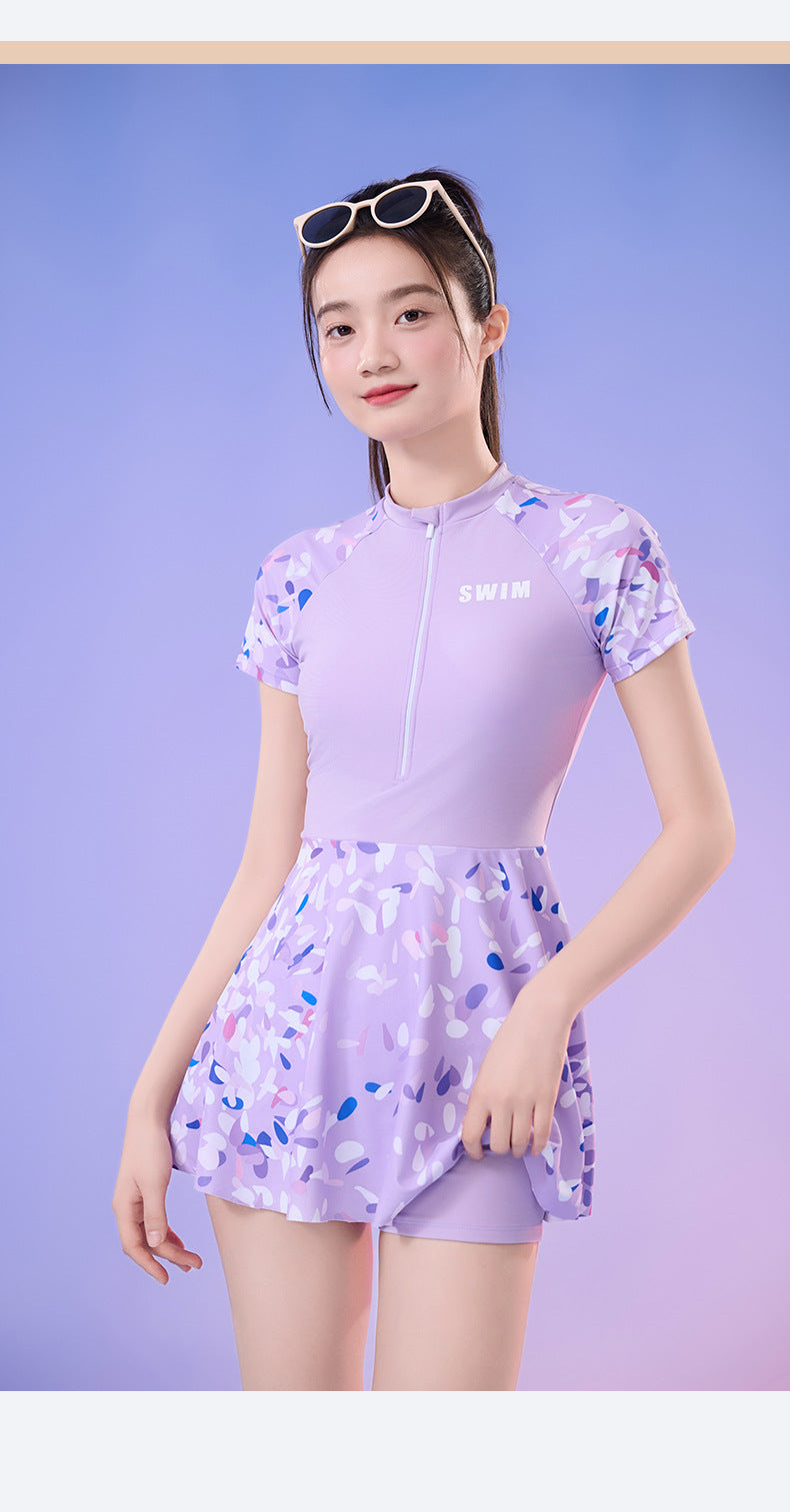 New Small Floral Swimsuit Seaside Beach Holiday One-piece Swim Skirt Split Safety Trunks Swimsuit with Chest Pad suit