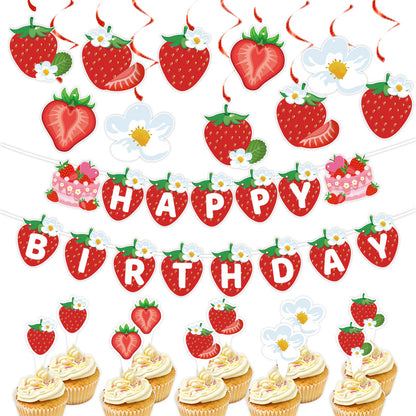 European and American Strawberry Birthday Theme Party Supplies Flags, Flowers, Honeycomb Table Decorations, Desktop Table Decorations