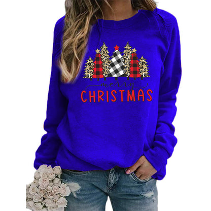 Plaid Christmas Tree merry Christmas Printed Round Neck Sweat European and American Women's Autumn and Winter Top Cross Border