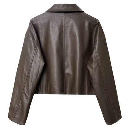 cool handsome high sense ~ lapel leather coat women's spring and autumn Hong Kong style PU leather jacket motorcycle top trendy 9595