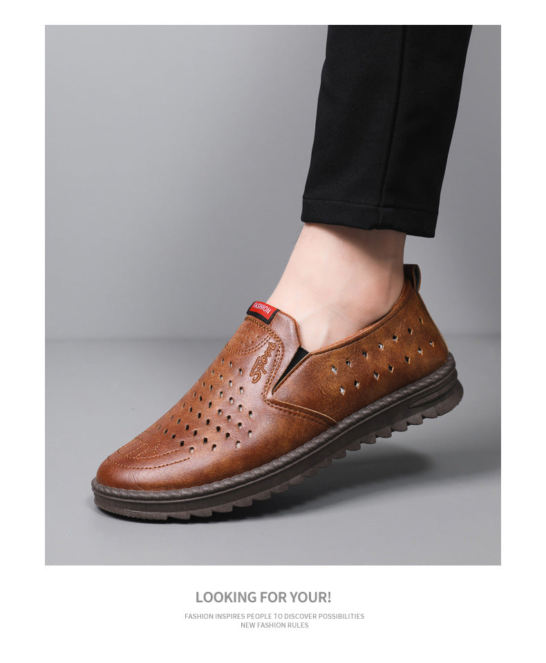 Hollow-Out Leather Shoes for Men, Summer Breathable Soft Leather Low-Top Business Casual Versatile Slip-On Perforated Dad Shoes