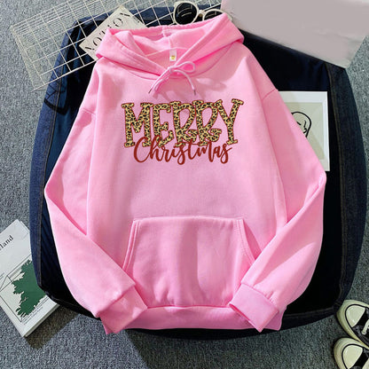 Christmas Leopard Print Merry Christmas Print Hooded Sweatshirt European and American Autumn and Winter Men's and Women's Top Coat