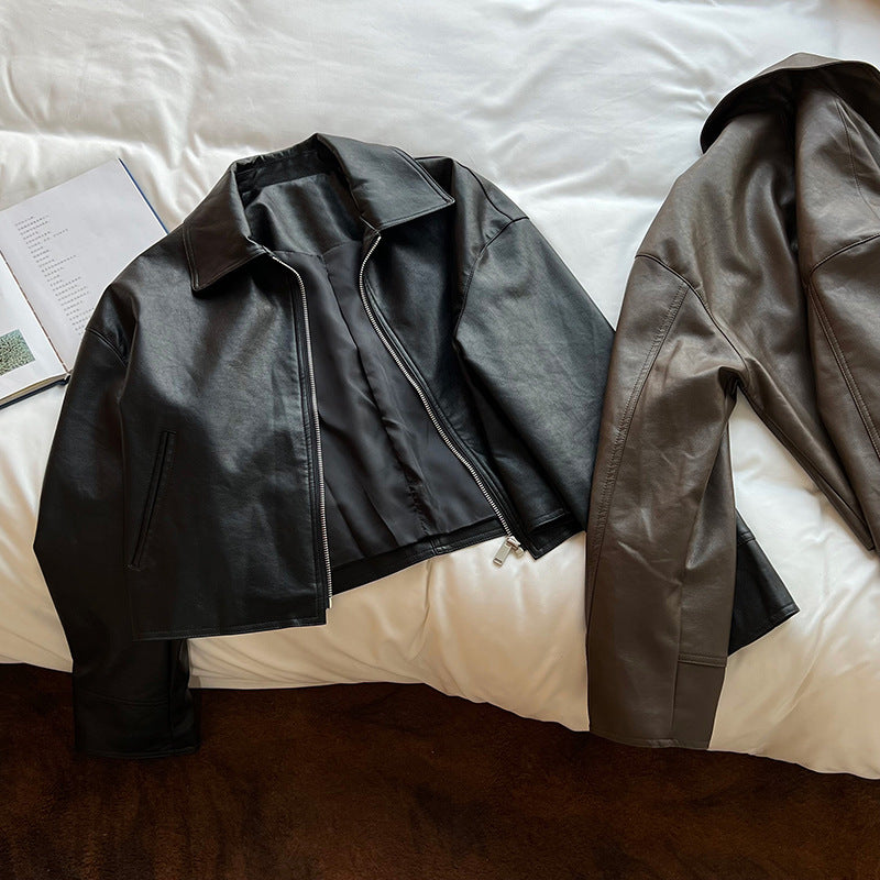 cool handsome high sense ~ lapel leather coat women's spring and autumn Hong Kong style PU leather jacket motorcycle top trendy 9595