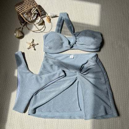 2025 European and American New Pure Color One-Shoulder Tube Top Glossy Cloth Three-Piece Swimsuit Swimsuit Bikini Bikini Export