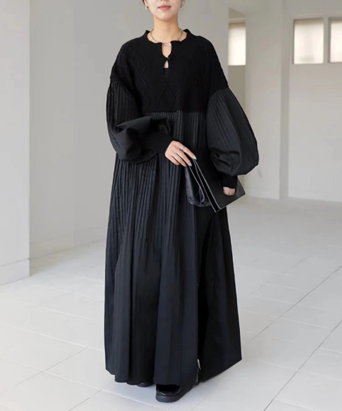 2025 Japanese Style Autumn New Pleated Diamond Pattern Sweater Spliced Long Dress in Stock