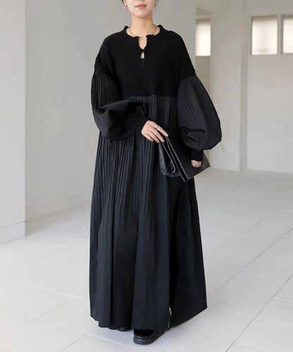 2025 Japanese Style Autumn New Pleated Diamond Pattern Sweater Spliced Long Dress in Stock