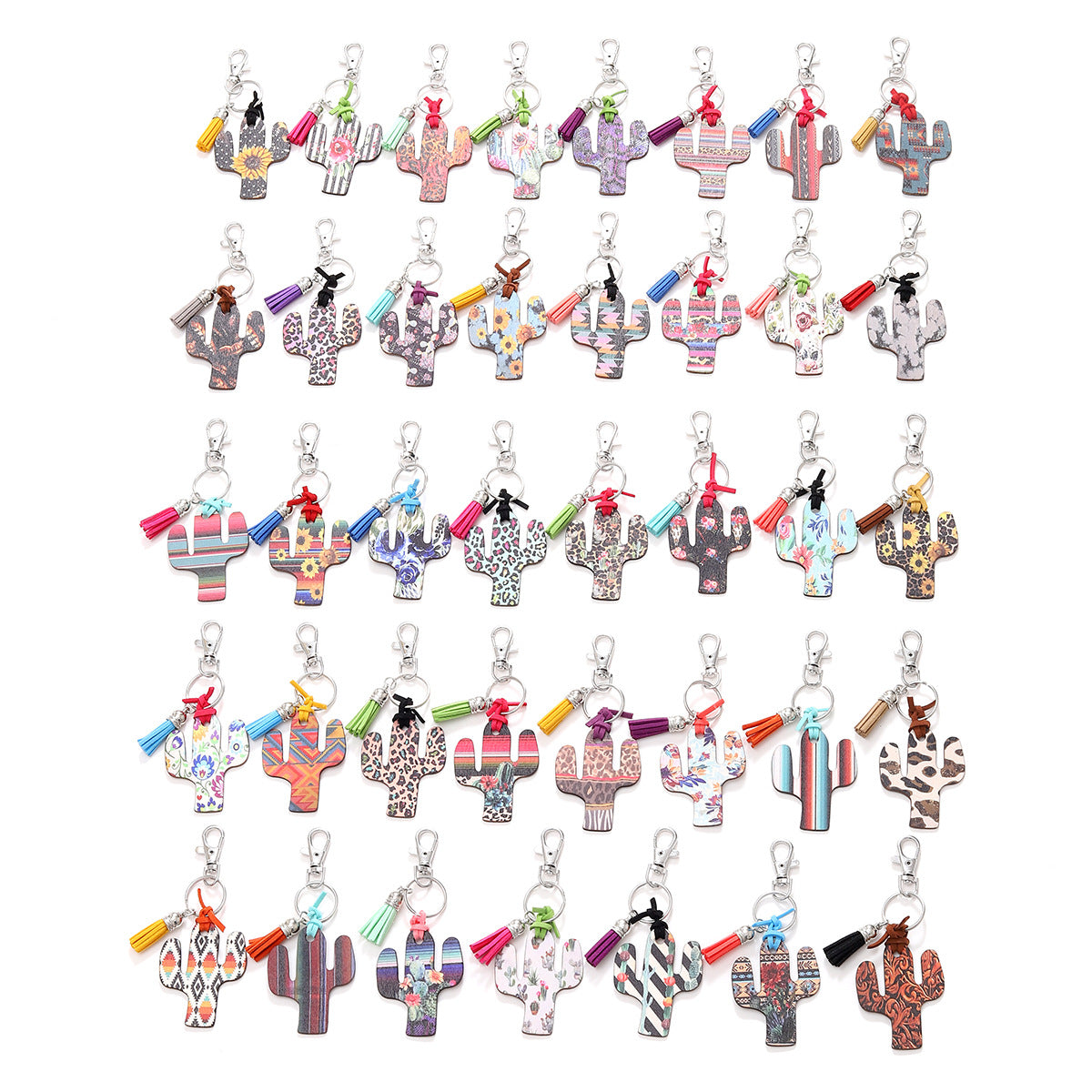New Wooden Cactus Keychain Leopard Flower Rainbow Sunflower Striped Printed Bag Car Pendant