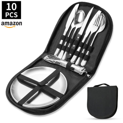 Amazon Outdoor Stainless Steel Tableware Steak Knife and Fork Spoon Barbecue Clip Plate 10-piece Travel Camping Set