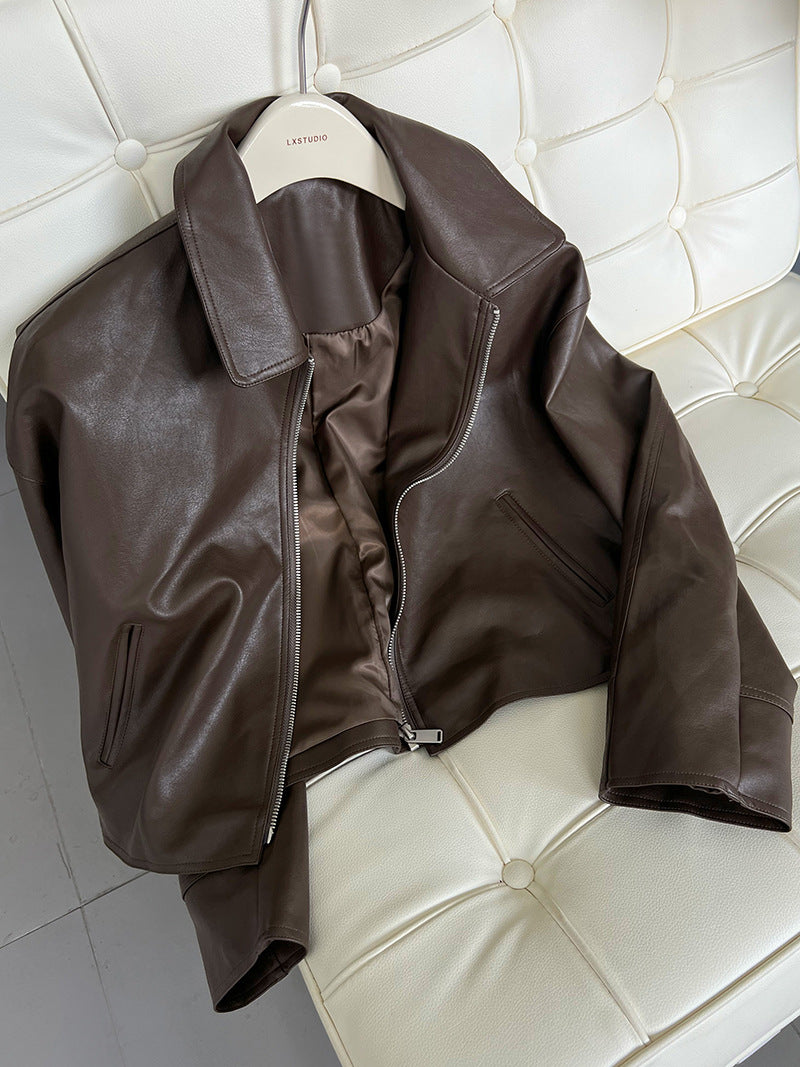 cool handsome high sense ~ lapel leather coat women's spring and autumn Hong Kong style PU leather jacket motorcycle top trendy 9595