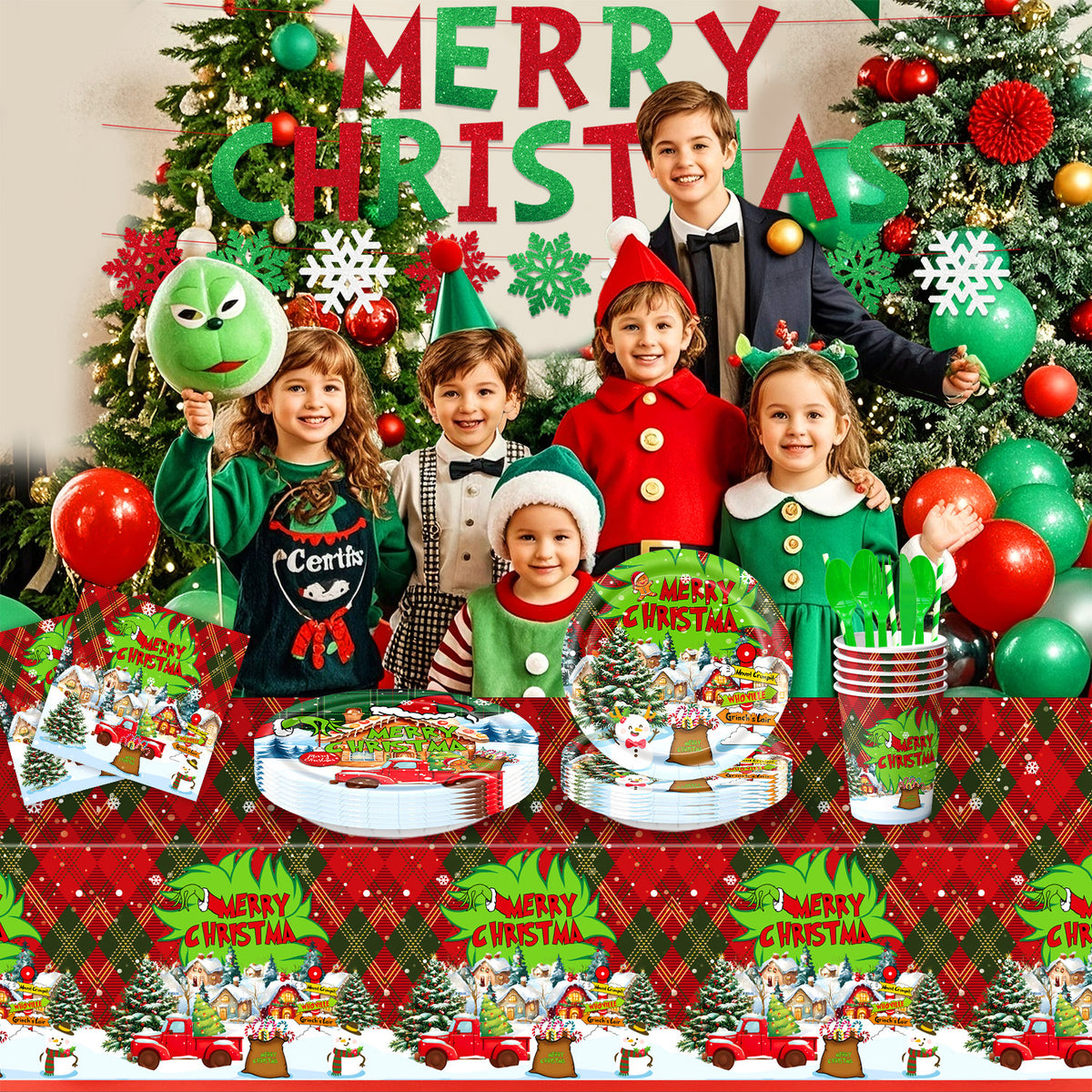 Cross-Border New Product Christmas Grinch Theme Party Decoration Flag Cartoon Party Supplies Tableware Christmas Decoration