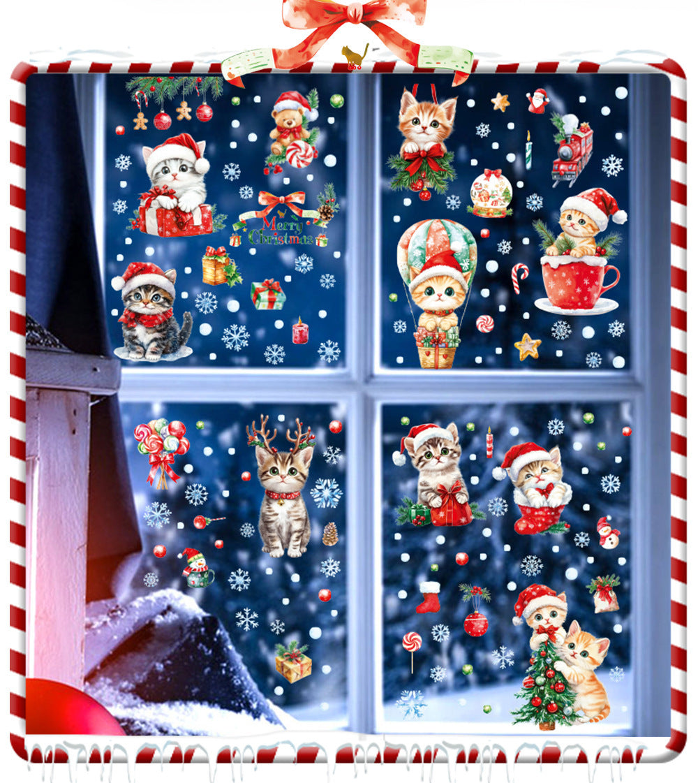 Cross-border New Cute Christmas Cat Balloon Gift Snowflake Glass Stickers Christmas Shopping Mall Glass Door Decorative Stickers
