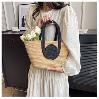 Contrast Cotton Rope Woven Handbag Women's Bag Korean Style Bag New Large Capacity Stylisse Handbag All-match Tote Bag