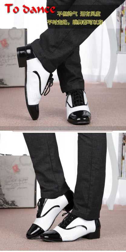 Latin dance shoes men's leather black and white international dance shoes square dance adult breathable soft bottom modern dance ballroom dance
