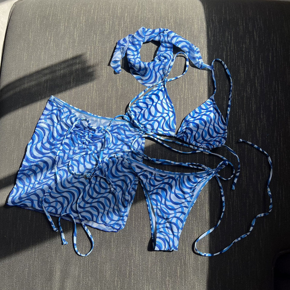2025 European and American New Drawstring Straps Sexy Three-Piece Swimsuit Bikini Bikini with Veil Cross-Border