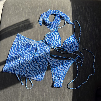 2025 European and American New Drawstring Straps Sexy Three-Piece Swimsuit Bikini Bikini with Veil Cross-Border