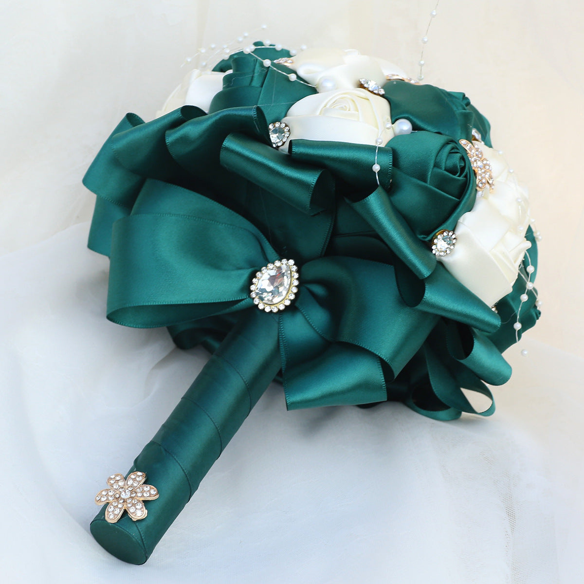 Amazon Supply Dark Green Bride Bridesmaid Simulated Satin Rose Bouquet Church Wedding Supplies Wholesale