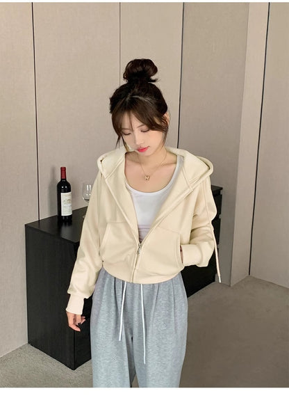 Early Spring Short Hooded Sweatshirt Jacket for Petite Women, Spring Outfit 2026 New Style, Regular Shoulder Cardigan for Spring and Autumn