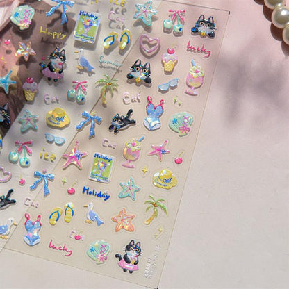 Kitten's Summer Nail Art Stickers Embossed New 3D Ins Fresh Ocean Cute Pet Nail Stickers Decoration