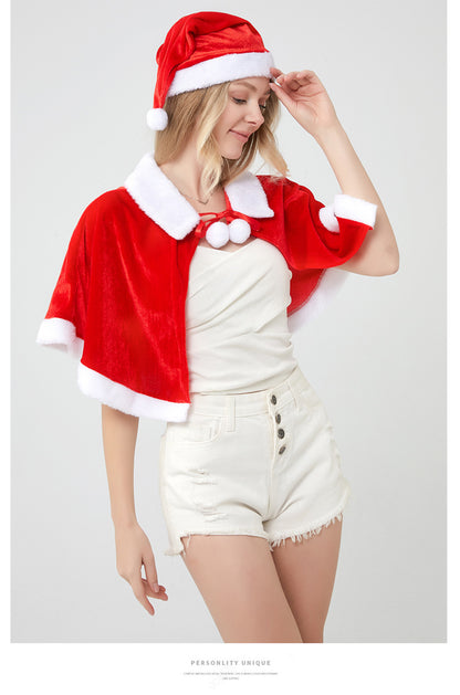 Santa Claus Cape Cape Cape Adult Female Hooded Golden Velvet Santa Claus Costume Performance Clothes