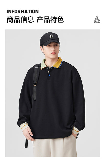 Casual Retro Contrast Color Lapel 280g Sweatshirt High-End Polo Collar Top Trendy Loose Couple Autumn Sweatshirt
