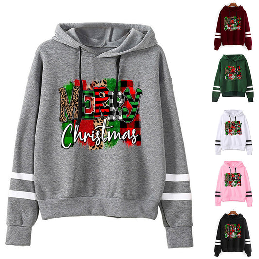 Cross-border European and American Foreign Trade Christmas Merry Christmas Printed Parallel Bars Hooded Sweat European Code plus size