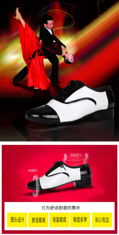 Latin dance shoes men's leather black and white international dance shoes square dance adult breathable soft bottom modern dance ballroom dance