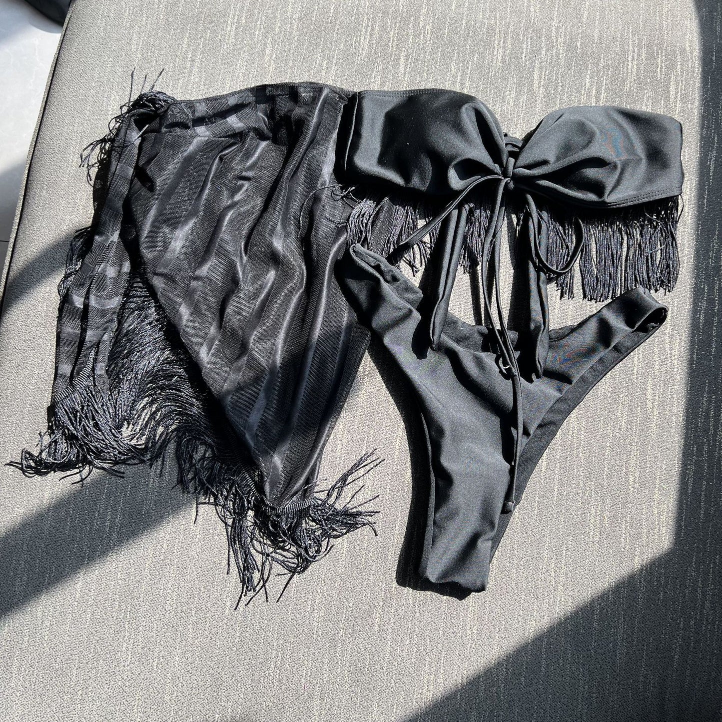 2025 European and American New Style Tassel Tube Top Suspender Mesh Three-Piece Swimsuit Bikini Bikini Cross-Border Aliexpress