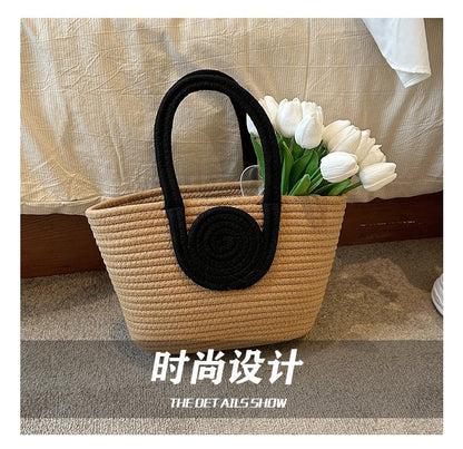 Contrast Cotton Rope Woven Handbag Women's Bag Korean Style Bag New Large Capacity Stylisse Handbag All-match Tote Bag