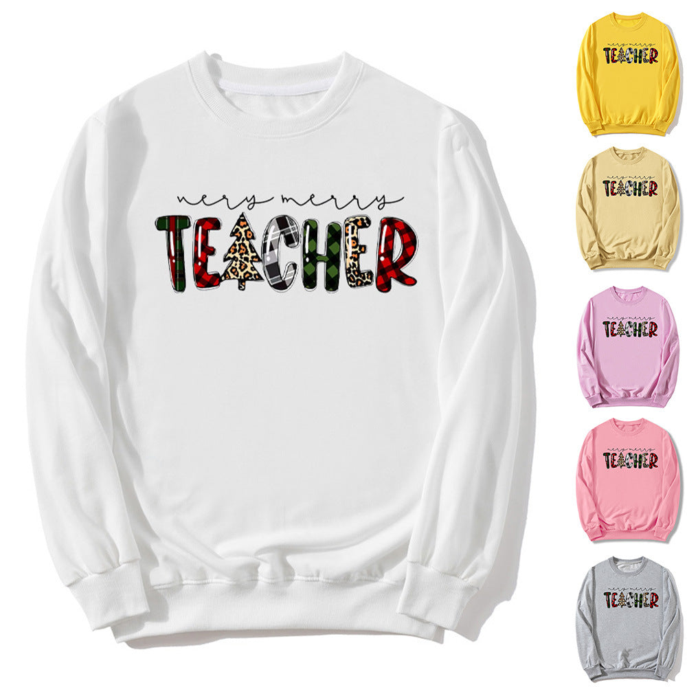 Christmas Tree Plaid Letter Teacher Christmas Printed Round Neck Sweat Autumn and Winter European Men's and Women's Top