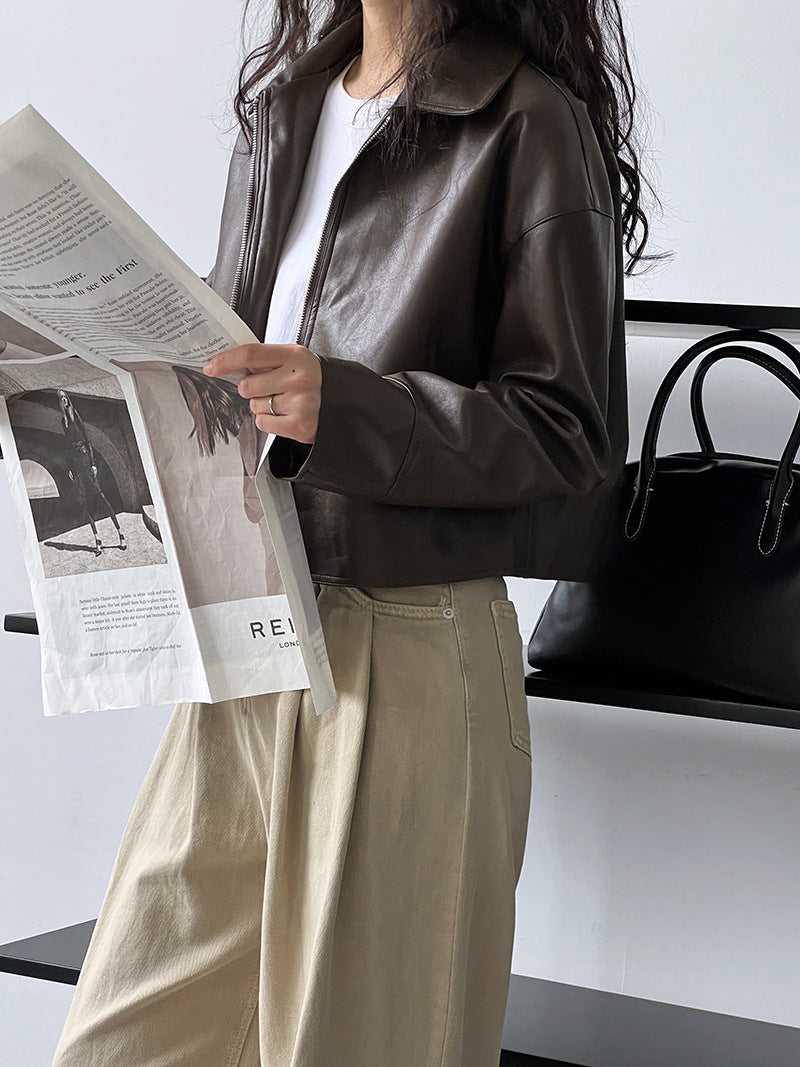 cool handsome high sense ~ lapel leather coat women's spring and autumn Hong Kong style PU leather jacket motorcycle top trendy 9595