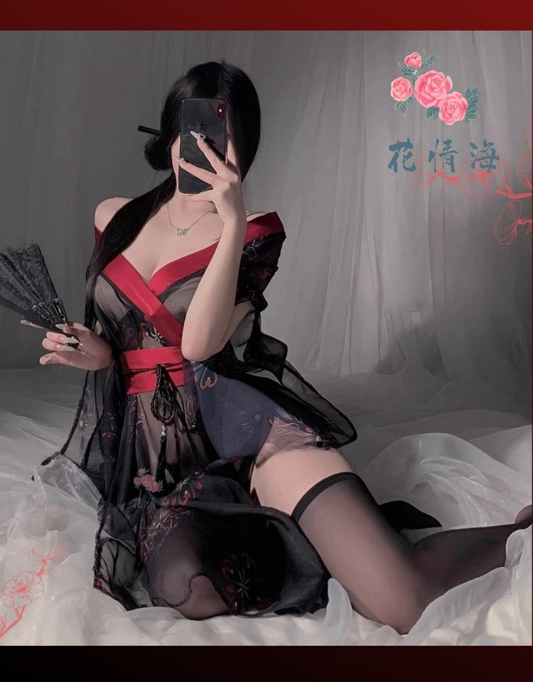 Floral Lingerie Uniform Pure Desire No Need to Take Off Printed Black Japanese Kimono Clothing Set Women A520 Erotic Kimono