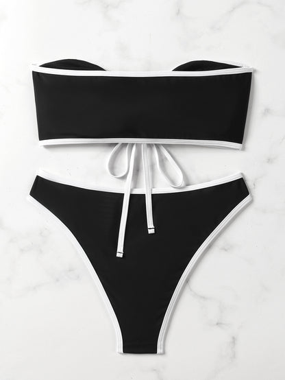 European and American Style Sexy Bandeau Bikini Swimsuit for Women, Solid Color with Chest Pads, Simple Cross-Border Two-Piece Swimsuit