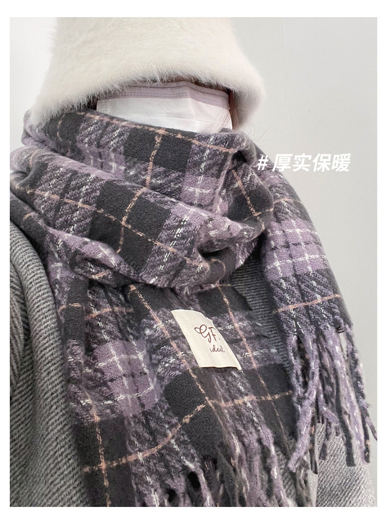 Tonglu Scarf Wholesale Purple Plaid Women's Versatile Faux Cashmere Retro Thickened Scarf Christmas Scarf Christmas Style
