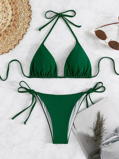 European and American Solid Color Split Swimsuit Women's Sexy Bikini Cross-border Hot Tight Gather Deep V High-end Swimsuit Women