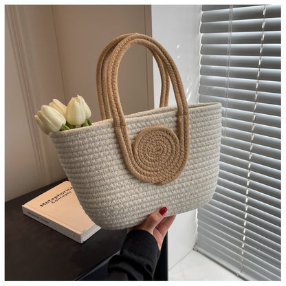 Contrast Cotton Rope Woven Handbag Women's Bag Korean Style Bag New Large Capacity Stylisse Handbag All-match Tote Bag